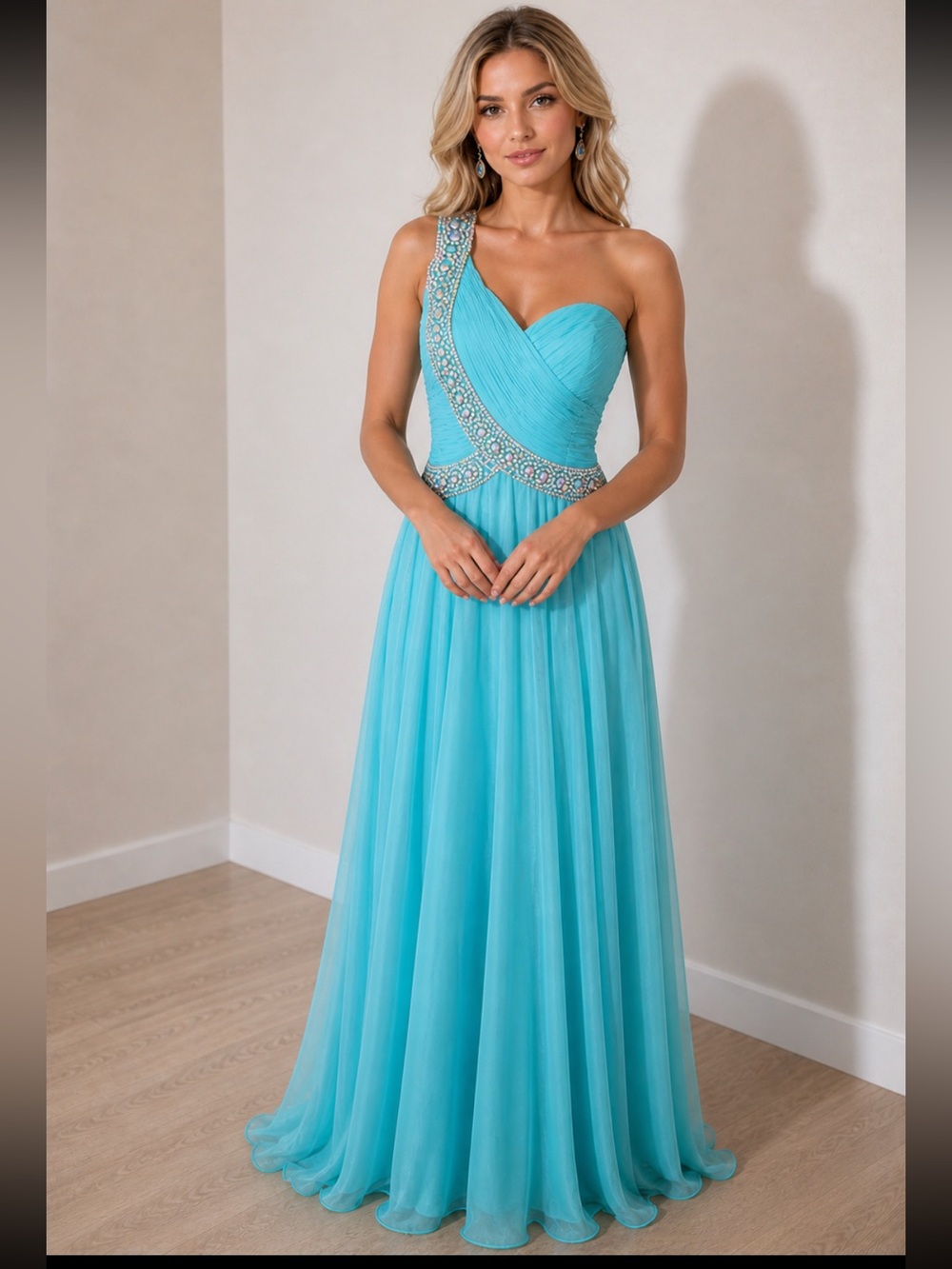 Jovani Turquoise/Aqua One-Shoulder Embellished Bejeweled Gown Dress Sz 4 NWT